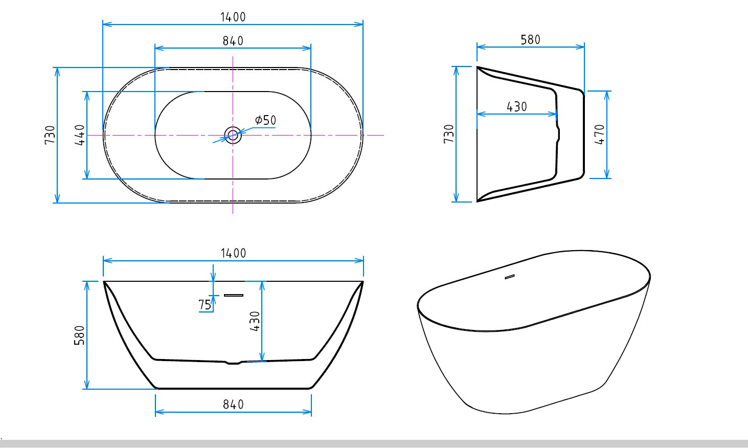 Fritstående badekar Smash 140