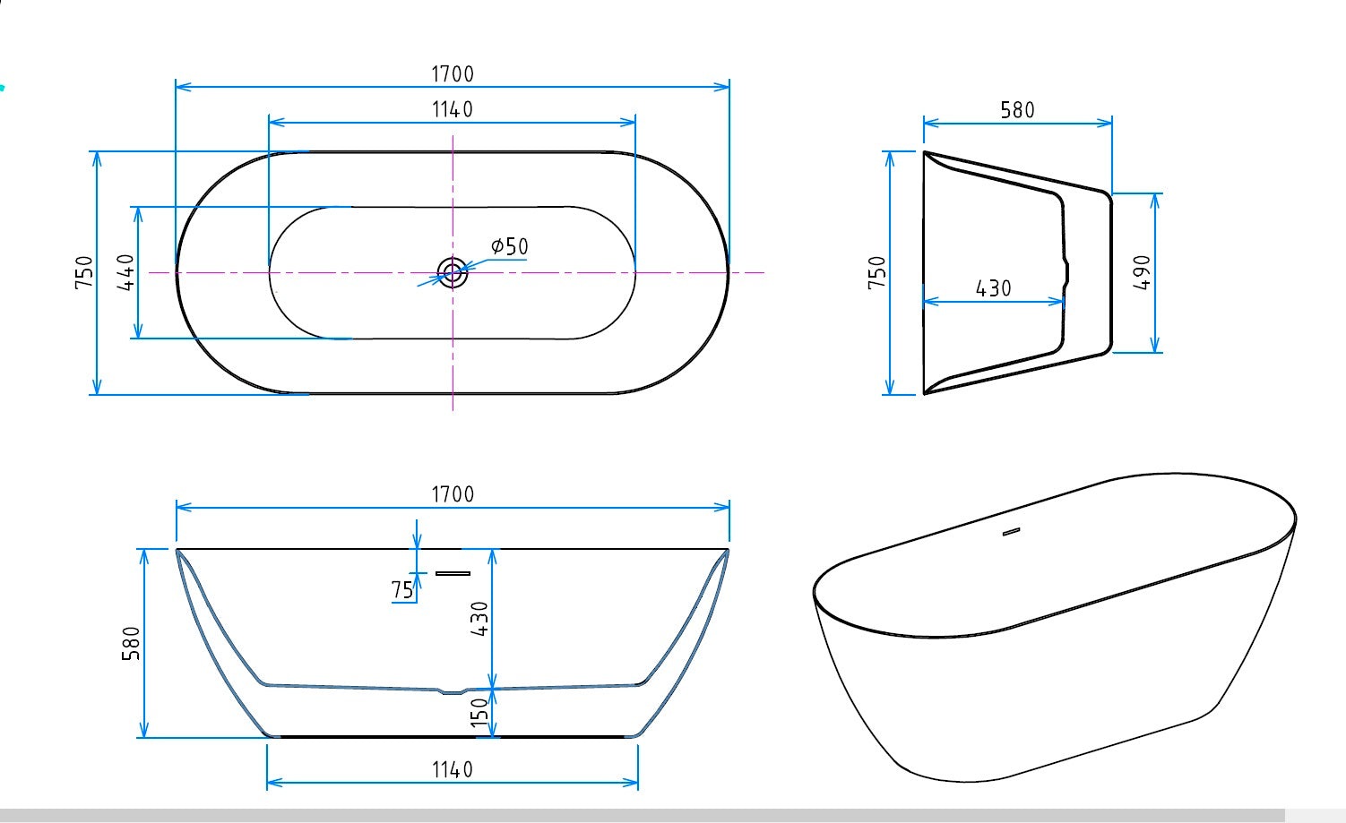 Fritstående badekar Smash 170